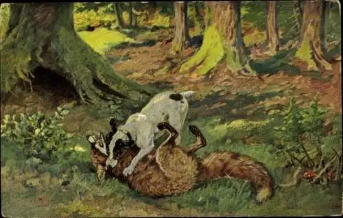 Litho Jagdszene, Hund erlegt einen Fuchs, Wald