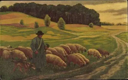 Künstler Ak Der Gemeindeschäfer, Schafherde