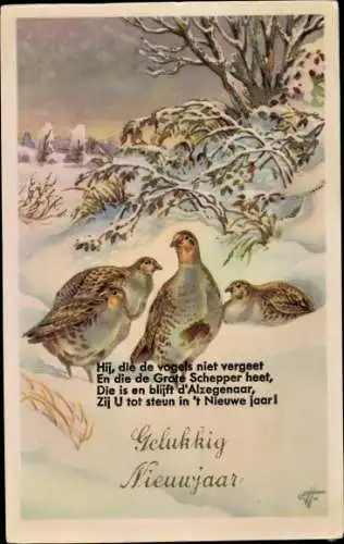 Künstler Ak Glückwunsch Neujahr, Vögel, Schnee, Winter