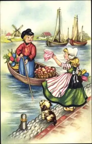 Ak Kinder in niederländischen Trachten, Ruderboot, Tulpen, Früchte, Segelboote