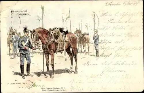 Künstler Litho Becker, Carl, Gemeinsames Frühstuück, Ulan mit Pferd