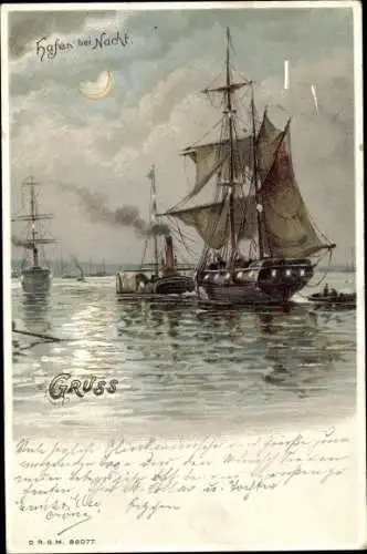 Litho Hafen bei Nacht, Segelschiff