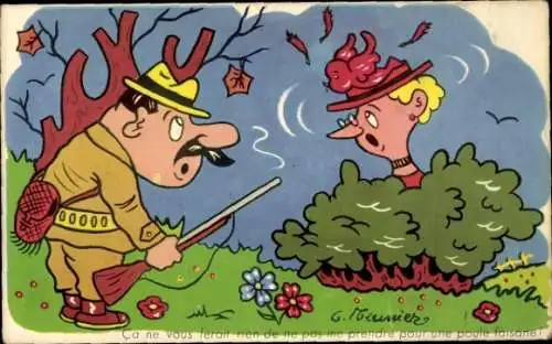 Künstler Ak Meunier, Jäger hat Vogelhut einer Frau getroffen