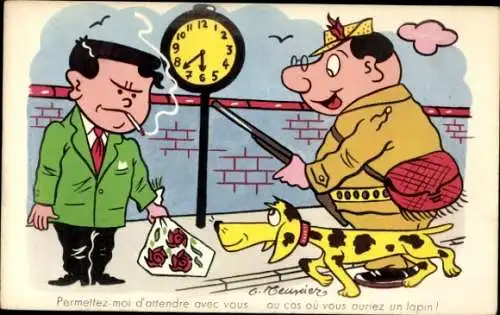 Künstler Ak Meunier, Jäger und Mann mit Blumenstrauß, Straßenuhr