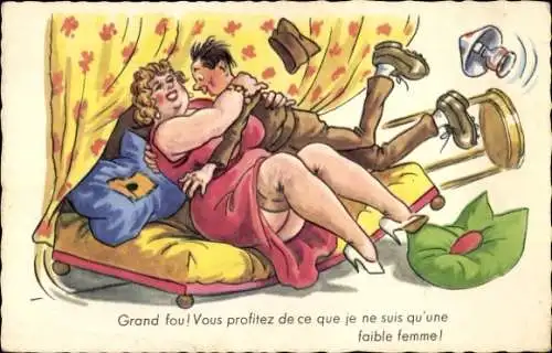 Ak Dicke Frau mit Strümpfen umarmt dünnen Mann