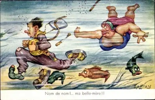 Künstler Ak Raffray, Taucher wird unter Wasser von der Schwiegermutter verfolgt