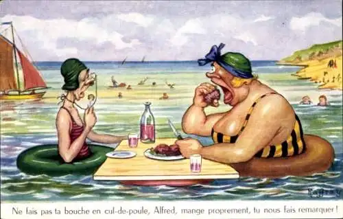 Künstler Ak Raffray, Ehepaar im Wasser beim Essen, Rettungsringe, Übergewichtige Frau, Ne fais pas..