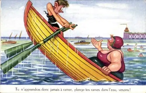 Künstler Ak Raffray, Ehepaar beim Rudern, Übergewichtige Frau und ihr schlanker Mann