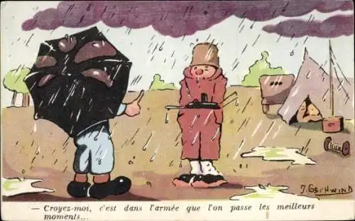 Künstler Ak Gschwind, Männer im Regen, Zelt, Soldat