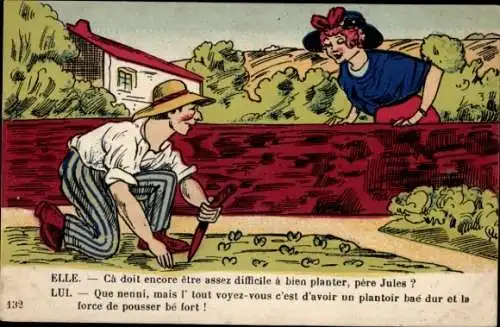 Künstler Ak Frau beobachtet Gärtner beim Pflanzen