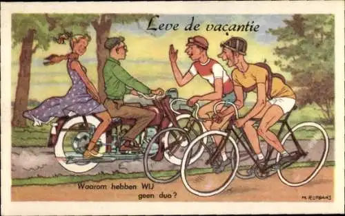 Ak Radfahrer, Paar auf einem Motorrad