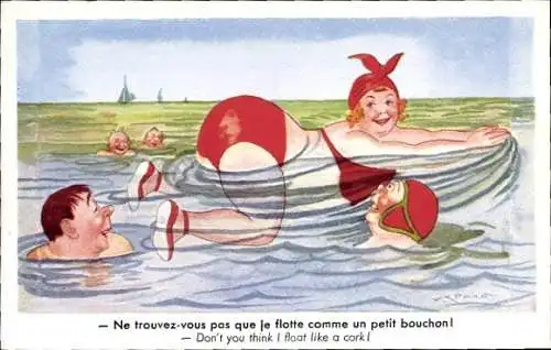 Künstler Ak Ich schwebe wie ein kleiner Korken, Dicke Frau im Bikini
