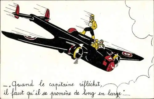 Ak Französisches Militärflugzeug, Soldat geht auf dem Flugzeug auf und ab