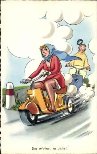 Künstler Ak Frau im Kleid auf einem Motorroller, Strümpfe