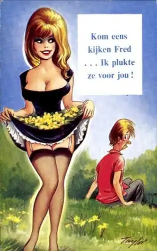 Künstler Ak Taylor, Frau trägt Blumen im kurzen Rock, Strümpfe, Busen