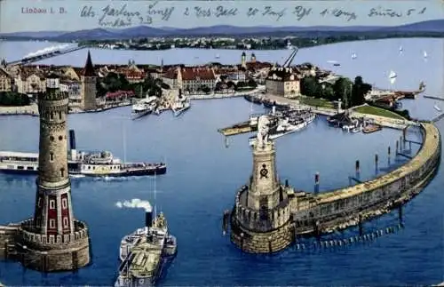 Ak Lindau in Bodensee Schwaben, Hafen, Leuchtturm, Löwenstatue, Dampfschiffe, Alter Leuchtturm