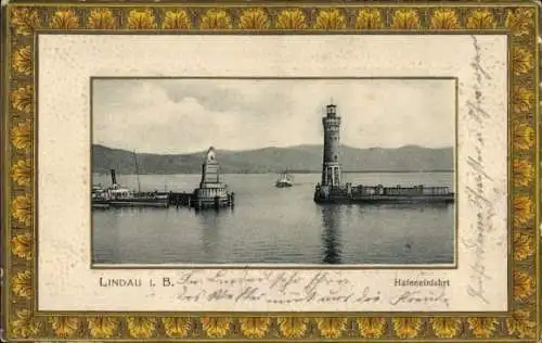 Ak Lindau in Bodensee Schwaben, Hafeneinfahrt, Löwenstatue, Leuchtturm, Dampfschiffe