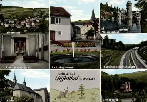 Ak Hessenthal Mespelbrunn im Spessart, Springbrunnen, Märchenschloss, Gruftkapelle, Kirche