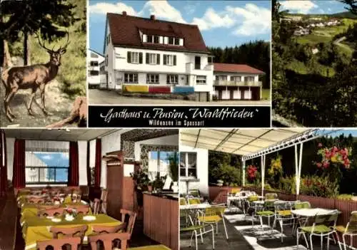 Ak Wildensee Eschau im Spessart, Gasthof Penson Waldfrieden, Außenansicht, Terrasse, Hirsch