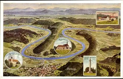 Landkarten Ak Volkach in Unterfranken, Mainschleife, Vogelsburg, Schloss Halburg