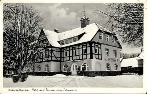 Ak Hochwaldhausen Ilbeshausen Grebenhain Hessen, Hotel und Pension Zum Felsenmeer, Winter