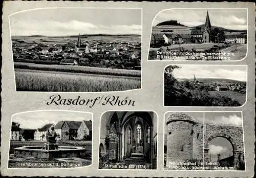 Ak Rasdorf in der Rhön, Panorama, Josefsbrunnen, Stiftskirche, Gehilfersberg, Wehrfriedhof