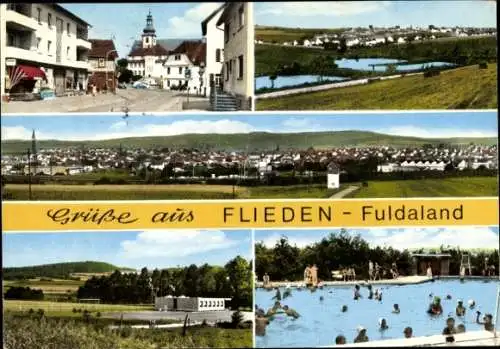Ak Flieden im Landkreis Fulda in Hessen, Freibad, Kirche, Ortsansicht