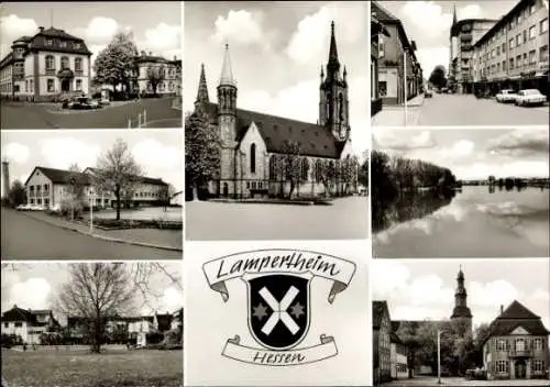 Ak Lampertheim am Rhein Hessen, Wappen, Kirche, Teilansichten