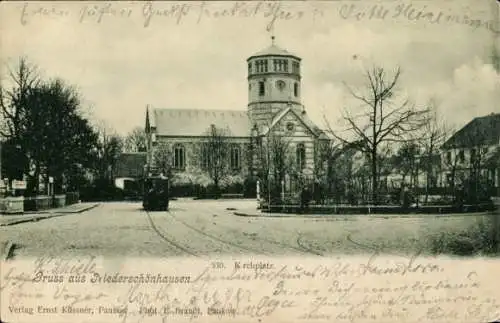 Ak Berlin Pankow Niederschönhausen, Kirchplatz, Kirche, Straßenbahn