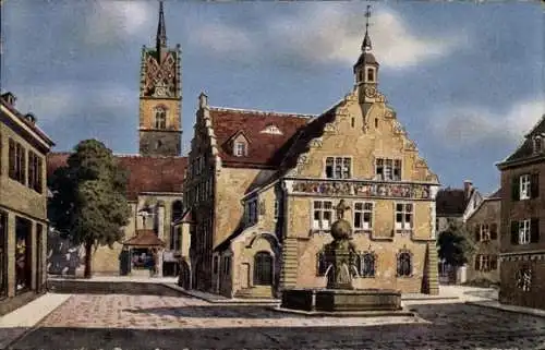 Künstler Ak Friedrichshafen am Bodensee, Rathaus und Zeppelinbrunnen