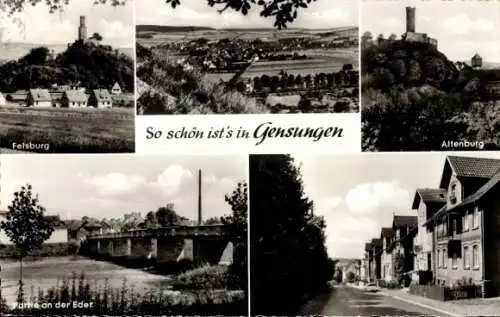 Ak Gensungen Felsberg Hessen, Totalansicht, Felsberg, Altenburg, Partie an der Eder, Teilansicht