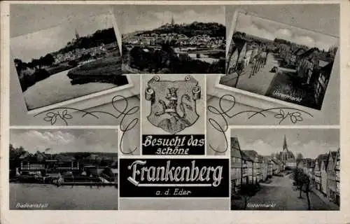 Ak Frankenberg an der Eder Hessen, Totalansicht, Wappen, Untermarkt, Badeanstalt