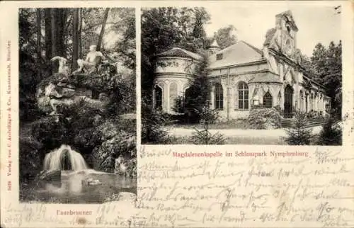 Ak München Bayern, Schlosspark Nymphenburg, Faunbrunnen, Magdalenenkapelle