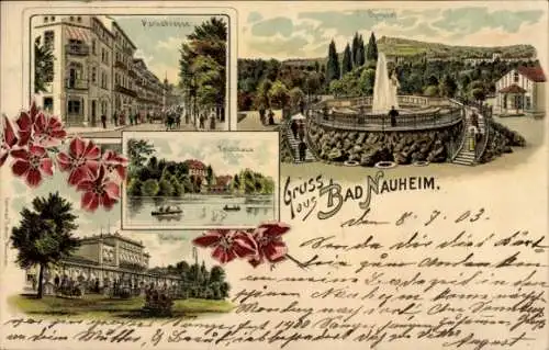 Litho Bad Nauheim in Hessen, Kurhaus, Teichhaus, Parkstraße, Sprudel