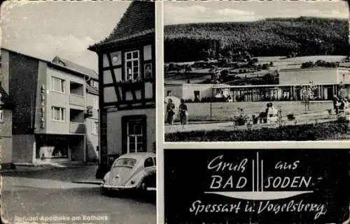 Ak Bad Soden Salmünster in Hessen, Sprudel-Apotheke, Rathaus, VW Käfer, Panorama