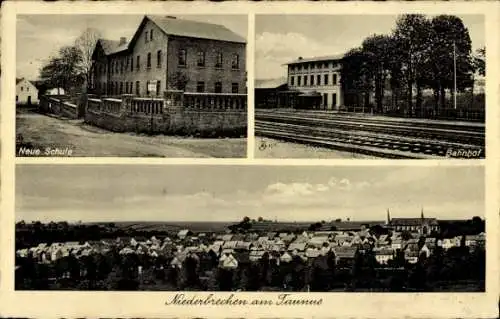 Ak Niederbrechen Brechen Mittelhessen, Bahnhof, Gleisseite, Schule, Totalansicht