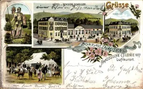 Litho Dornholzhausen Bad Homburg im Taunus, Hotel und Pension Scheller, Französische Kolonie 1697