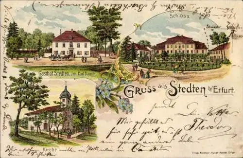 Litho Stedten Erfurt in Thüringen, Schloss, Gasthof, Kirche