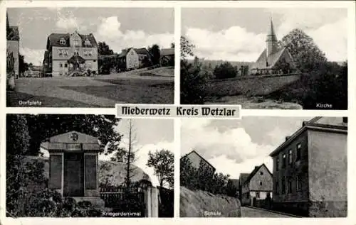 Ak Niederwetz Schöffengrund in Hessen, Dorfpartie, Kirche, Kriegerdenkmal, Schule