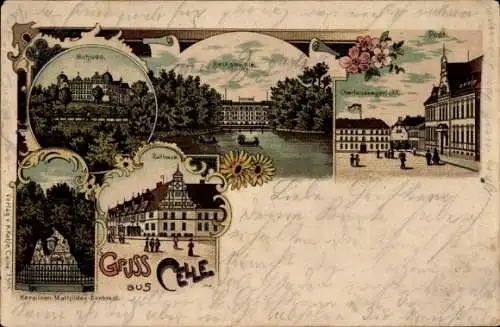 Litho Celle in Niedersachsen, Schloss, Post, Carolinen Mathilden Denkmal, Rathaus