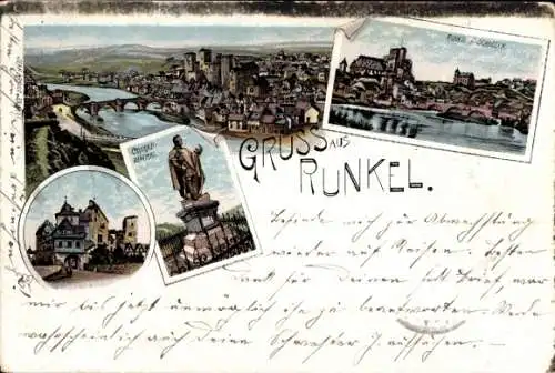 Litho Runkel an der Lahn, Panorama, Schadeck, Conrad Denkmal