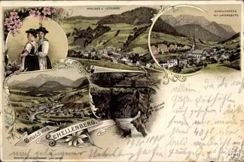 Litho Marktschellenberg Markt Schellenberg in Oberbayern, Hoher Göll, Panorama, Volkstrachten