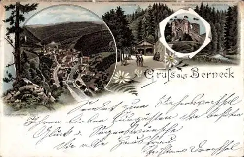 Litho Bad Berneck im Fichtelgebirge Oberfranken, Gesamtansicht, Kolonade, Ruine Wallenrot