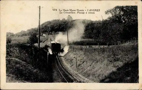 Ak Langres Haute Marne, La Cremailliere, Passage a niveau, Dampflok