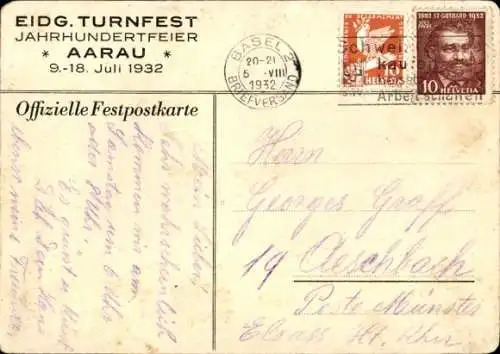 Ak Aarau Kanton Aargau, Eidg. Turnfest Jahrhundertfeier 9.-18. Juli 1932, Frau in Tracht, Ufer