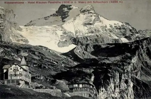 Ak Unterschächen Kanton Uri Schweiz, Klausenpass, Klausenstraße, Hotel mit Schneehorn