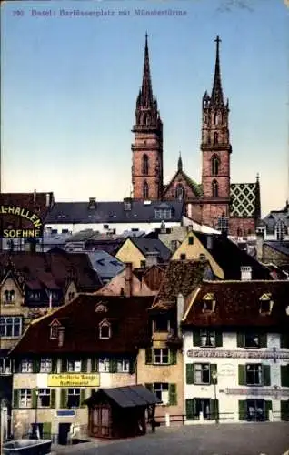 Ak Basel Stadt Schweiz, Barfüßerplatz mit Münstertürme