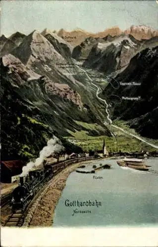 Ak Flüelen Kt. Uri Schweiz, Gotthardbahn, Erstfeld, Dammastock, Leckihorn, Galenstock