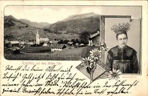 Ak Riezlern Mittelberg Vorarlberg, Walserttalerin, Panorama, Kirche, Hoher Ifen