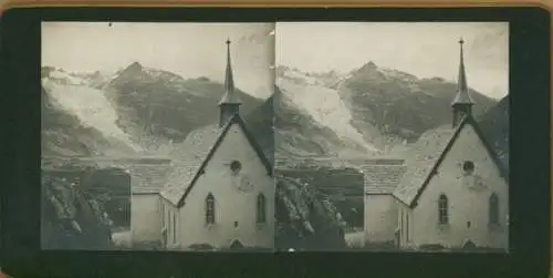Stereo Foto Gletsch Obergoms Kt. Wallis Schweiz, Rhone Gletscher, Kapelle, 1908